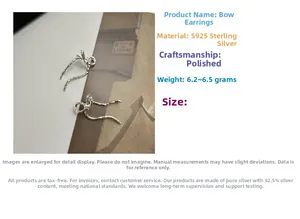 Polished S925 sterling silver bow knot stud earrings detail with technical specifications