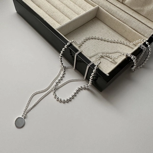 Collier Double Couche en Argent Sterling 925 pour Femmes Pendentif Rond Minimaliste Chaîne à Billes Bijoux Polis
