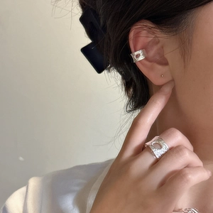 Minimalist S925 sterling silver ear cuff and ring set with textured crumpled metal design