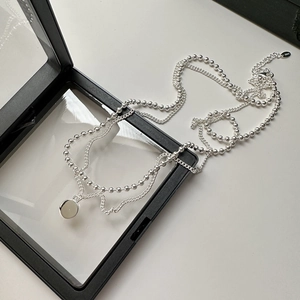 Collier double rang en argent sterling S925 avec chaîne à billes et pendentif rond poli