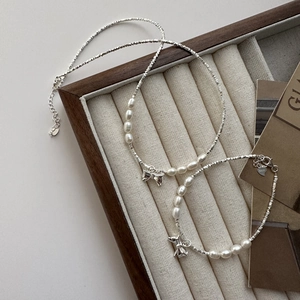 925 Sterling Silver Bowknot Artificial Pearl Necklace And Bracelet Handmade Silver Beads Choker Sweet Elegant Style Women Jewelry