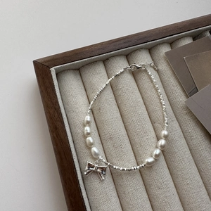 S925 sterling silver bow bracelet with lustrous pearls and crushed silver metal chain