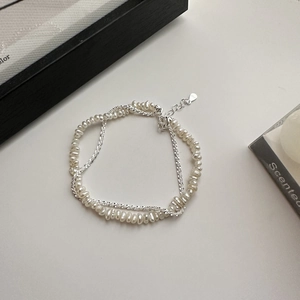 Elegant S925 sterling silver double-layer bracelet with baroque pearls and sparkly chain