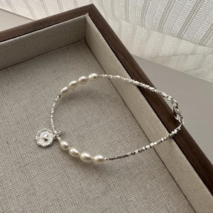 Bracelet élégant en argent S925 avec breloque cœur, perles de riz et billes d'argent