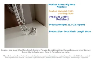 Polished S925 sterling silver pig nose necklace, 60cm length weighing 22.1g details