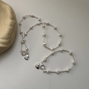 S925 Sterling Silver Heart Pendant Artificial Pearl Necklace Bracelet Jewelry Set Retro Starburst Engraving Women Jewelry