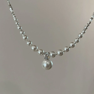 Detail of S925 silver necklace featuring gradient pearls and a large crystal pendant charm