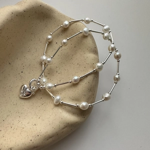 Double-layer S925 sterling silver pearl bracelet with a polished heart star pendant