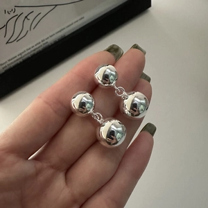 S925 Sterling Silver Double Ball Drop Earrings Korean Minimalist Mirror Polished Small Design Stud Earrings Jewelry For Women