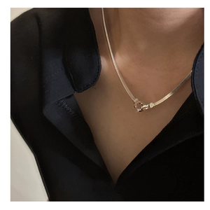 Detail of thin flat snake chain necklace in S925 sterling silver with a round pendant
