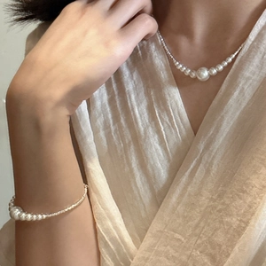 Elegant S925 silver necklace and bracelet set featuring gradient high-luster pearls