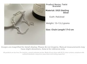 Detailed view of S925 sterling silver twisted bracelet with size and weight specs