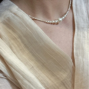 Elegant S925 silver necklace with gradient freshwater pearls and sparkling beads on model