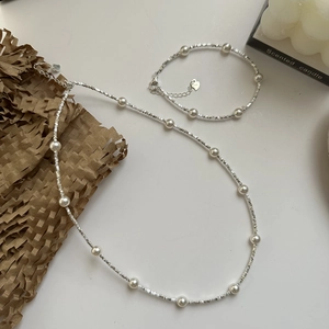 S925 Sterling Silver Artificial Pearl Necklace And Bracelet Jewelry With Heart Pendant French Vintage Elegant Style Women