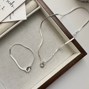 S925 sterling silver snake chain necklace and bracelet set with interlocking rings