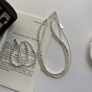 925 Sterling Silver Layered Beaded Necklace And Bracelet Polished Round Beads Minimalist Ins Style Jewelry For Women