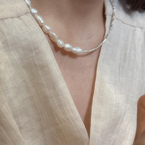 Elegant S925 sterling silver necklace with baroque pearls and irregular silver chain