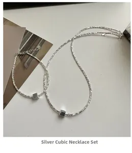 Détails de l'ensemble collier et bracelet en argent massif S925 à blocs carrés