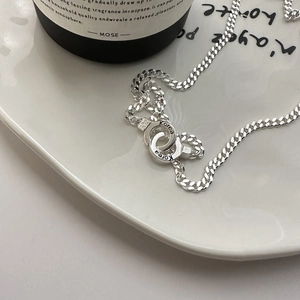 S925 Sterling Silver Double Interlocking Ring Necklace Women Minimalist Cuban Chain Clavicle Chain Korea Letter Engraved Fashion Jewelry