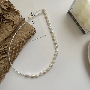 Baroque pearl and S925 sterling silver beaded necklace with adjustable lobster clasp