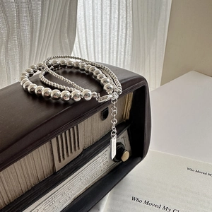 Three-layer S925 sterling silver beaded necklace with polished gradient balls and lobster clasp