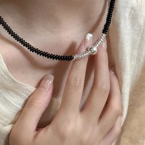 925 Sterling Silver Black Onyx Beaded Necklace For Women Korean Style Minimalist Round Bead Choker Clavicle Chain Jewelry