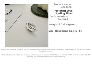 Detailed view of 925 silver linear ring with spiral design and technical specifications