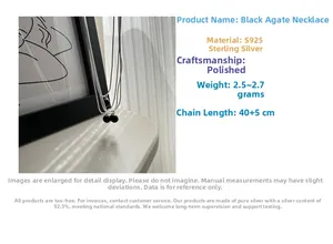 Macro detail of black agate bead necklace with S925 sterling silver chain specs