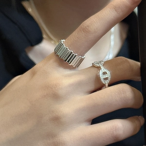 S925 sterling silver wide striped ring and hollow chain link ring for women