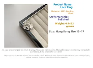 Detailed view of S925 sterling silver lace ring in premium black jewelry display box