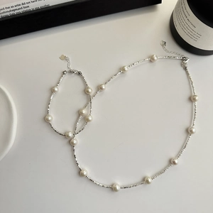 Collier et Bracelet en Argent Sterling 925 avec Perles d'Eau Douce Minimaliste pour Femme Élégant Ensemble de Bijoux Style Ins