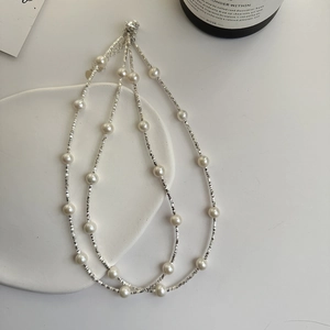 Collier en argent S925 minimaliste avec perles d'eau douce en style double chaîne superposé