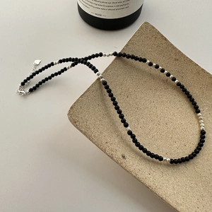 Minimalist S925 silver necklace with black agate beads and adjustable heart charm chain