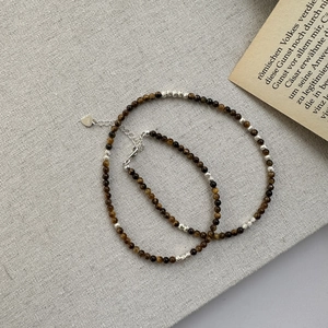 Ensemble collier et bracelet en argent S925 et œil de tigre avec pendentif cœur