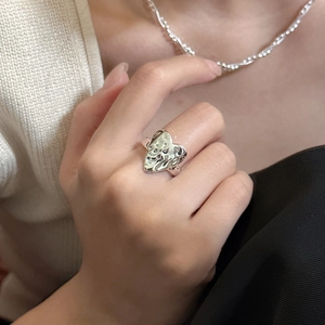 S925 sterling silver heart ring with hammered texture and adjustable open band design