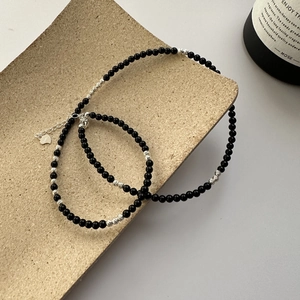 S925 Sterling silver necklace and bracelet set with black onyx beads and heart tag