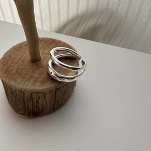 Bague Ouverte en Argent Sterling S925 Double Couche Texturée Minimaliste Ajustable Métal Liquide Lave Vague Bijoux Femme