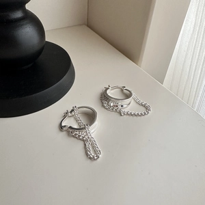 Minimalist S925 sterling silver hoop earrings with hanging chain tassels on white background