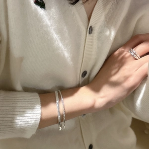 Minimalist 925 sterling silver layered textured bangle and ring set for women