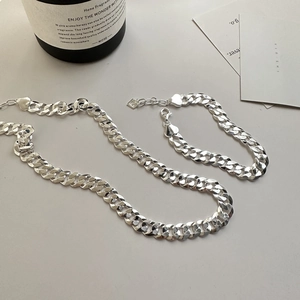 Parure Collier Bracelet Chaîne Cuban Link en Argent Sterling S925 pour Femmes Hommes Bijoux de Mode Streetwear Minimaliste Style Hip Hop Poli