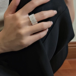 Elegant S925 sterling silver wide band ring with intricate lace mesh texture for women
