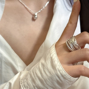 Minimalist S925 sterling silver multi-layer wrapped wire open ring on hand with pendant