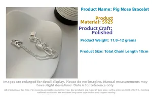 Detailed view of S925 sterling silver pig nose chain bracelet with 18cm length scale