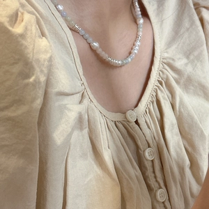 S925 silver necklace with baroque pearls and colorful beads worn on the collarbone