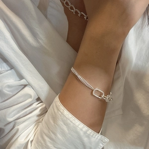S925 sterling silver woven chain bracelet with vintage hammered texture oval link