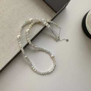 S925 silver necklace with baroque pearls, colorful stones and heart charm on gift box