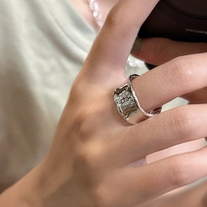 Minimalist S925 sterling silver wide ring with irregular liquid metal texture and engraving