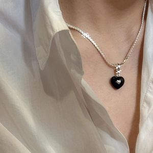 S925 sterling silver heart pendant necklace with black enamel and small silver heart detail