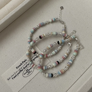 S925 sterling silver beaded bracelet with colorful macaron clay beads and heart pendant