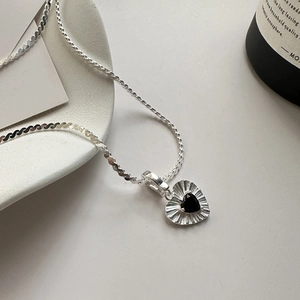 S925 Sterling Silver Black Zirconia Heart Pendant Necklace Korean Fashion Minimalist Clavicle Chain Jewelry For Women Gift